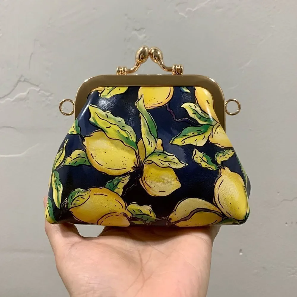 Handmade Genuine Cowhide Lemon Print Kisslock wallet/Wristlet/Coin purse